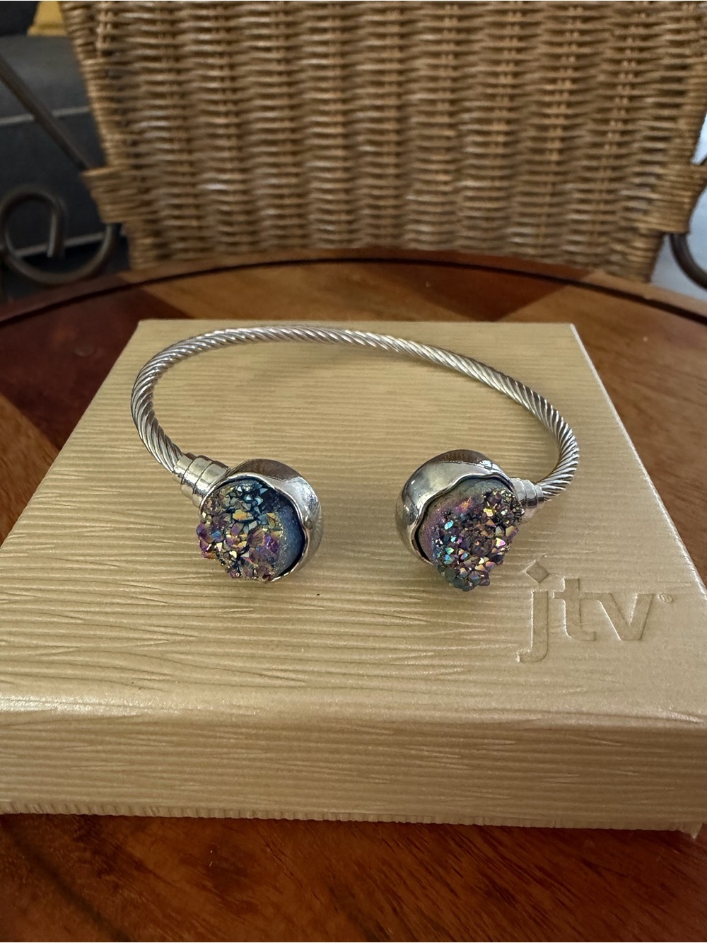 Silver-Tone Cable Cuff Bracelet with Iridescent Druzy quartz crystals